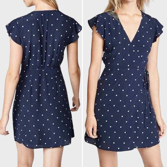 Rails Brenna Wrap Dress Navy & White Polka Dot Flutter Sleeve Mini Dress Size XS - Picture 5 of 13